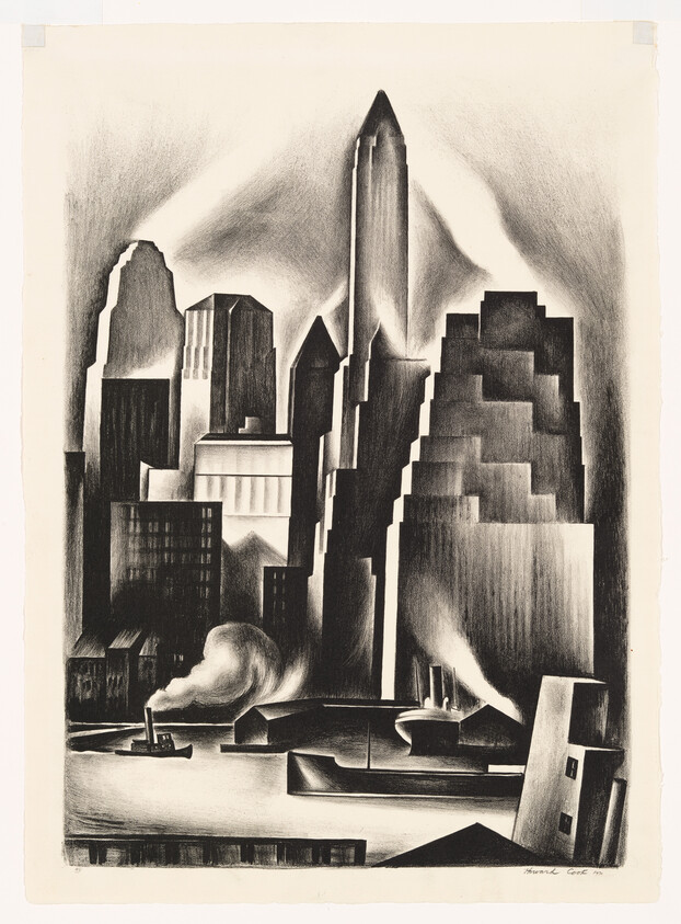 Stylized black-and-white city skyline with tall skyscrapers and ships steaming along the waterfront.