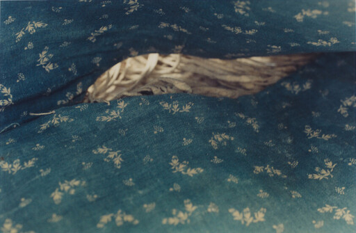 Teal floral fabric torn open to reveal woven straw material underneath.