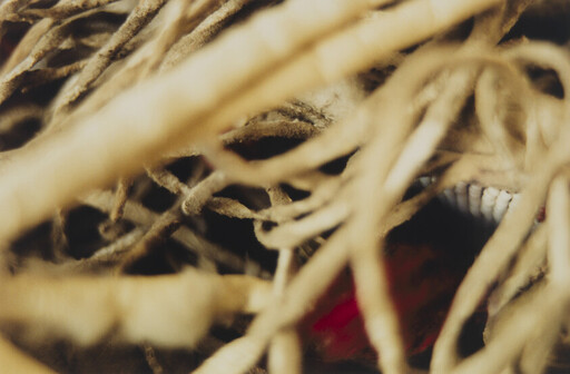 Tangled beige roots and fibers surround a small red object partially visible behind them.