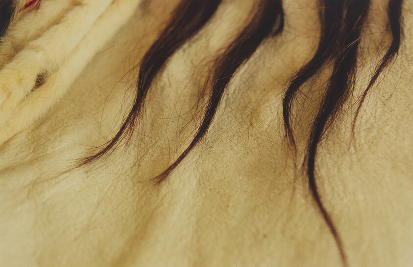 Several long dark hair strands lying across a soft beige fabric surface.