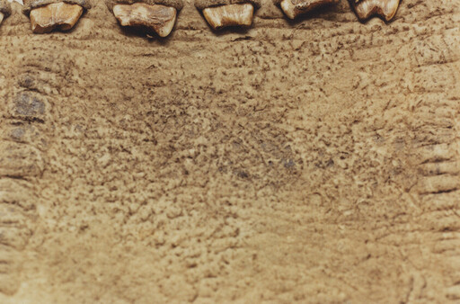 Close-up of worn tan leather with stitched edges and small teeth-like beads along the top.
