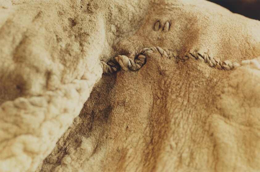 Soft tan sheepskin with visible twisted hand stitching along a seam.