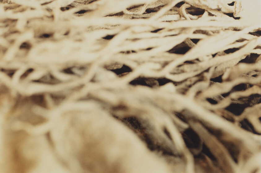 Frayed beige fibers and twisted threads create a close-up tangled texture.