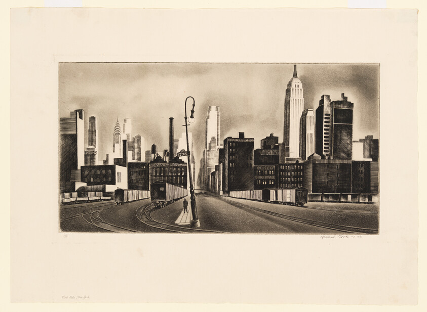 Vintage black and white etching depicting a cityscape with a focus on a street leading towards a skyline dominated by skyscrapers, including a prominent, slender tower resembling the Empire State Building. The foreground shows tram tracks curving into the distance, a solitary street lamp, and a figure walking on the sidewalk. The buildings feature various signs, and the overall atmosphere suggests an early to mid-20th-century urban scene. The artist's signature and date are visible in the lower right corner.