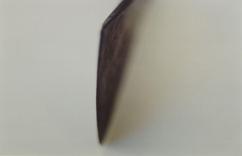 Close-up of a coin's thin ridged edge standing vertically against a soft background.