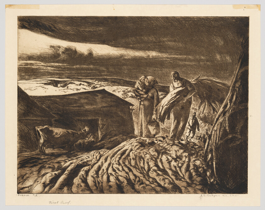 Three people carry bundles near a cow and small shelter on a rocky hill.