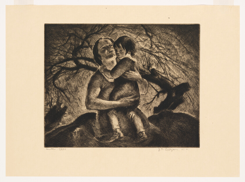 Mother sits holding a small child close under dark, tangled tree branches.