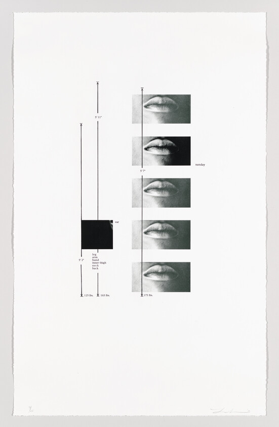 Black and white artwork featuring a series of lips images with annotations and a solid black square with measurements.