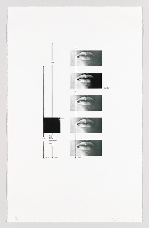 Five black-and-white close-ups of lips stacked vertically next to measurement marks and a black square.