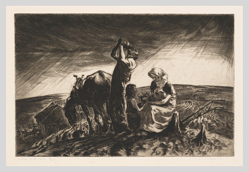 A family of four on a windswept hill tending a baby while a cow grazes nearby.