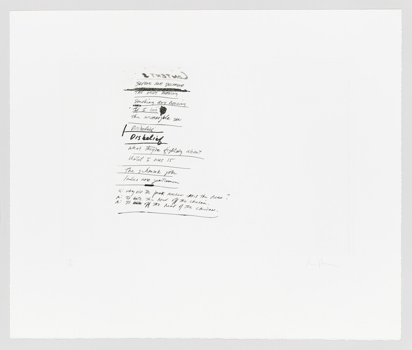 Small handwritten list with crossed-out lines and notes centered on a large blank white page.