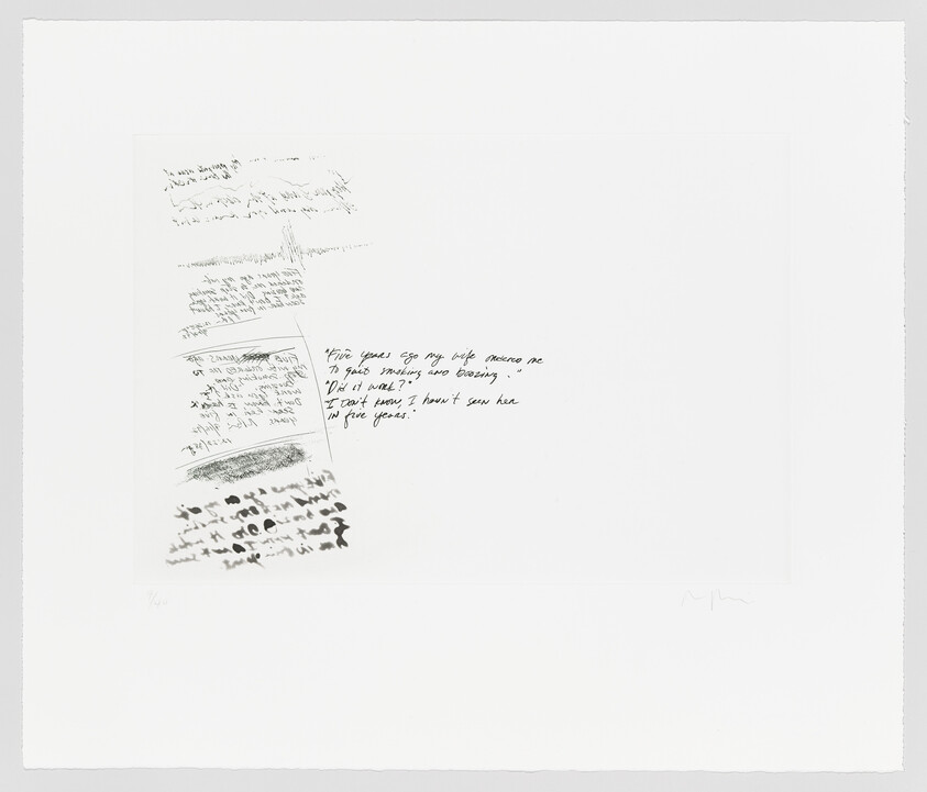 Handwritten text in the center reads: “Five years ago my wife accused me of gaslighting and leaving. Did I? I can’t say. I haven’t seen her in five years.”