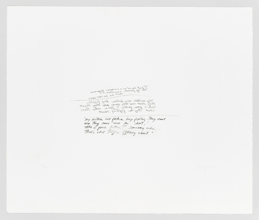 A piece of artwork featuring a large white paper with a small section of handwritten text in the center. The text appears to be a personal note or poem, written in a casual, cursive script. The rest of the paper is blank, emphasizing the isolation of the text. There is a signature at the bottom right corner.