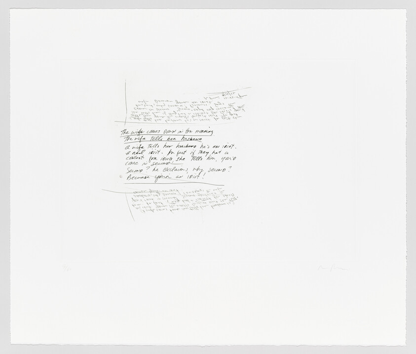A white paper with handwritten text scattered across the center, surrounded by ample blank space. The text appears to be a draft or notes with some words and phrases crossed out, suggesting a work in progress or editing process.