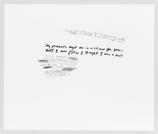 Handwritten text reads, "My parents kept me in a closet for years until I was fifteen."