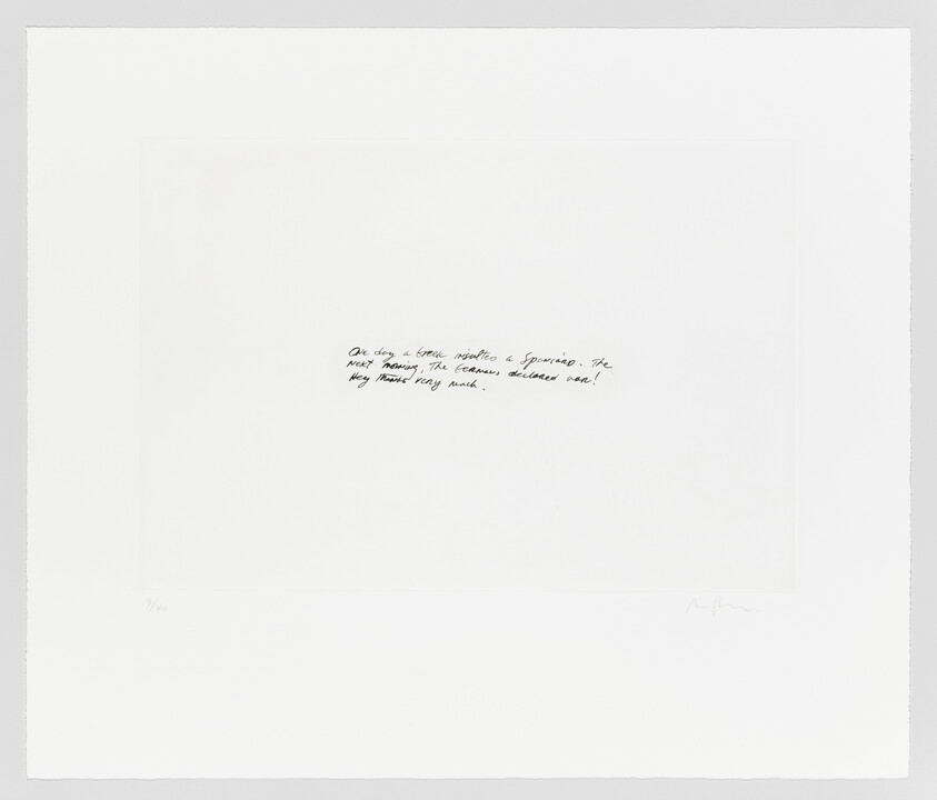 A minimalist artwork featuring a large white paper with a centered, indented square area containing a handwritten note in black ink. The note reads: "One day a little whistle & forward, the next morning, the cannon, silence and." Below the text, on the left corner, is a fraction, possibly denoting the print number of the artwork, and on the right corner, there is a signature.
