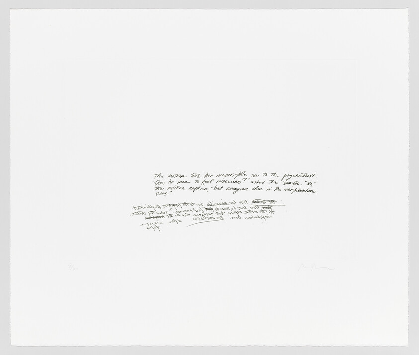 A high-contrast image of a white paper with handwritten text in the center, surrounded by ample blank space. The text appears to be a personal note or a quote, written in black ink with some words crossed out, suggesting edits or second thoughts. The handwriting is somewhat hurried and expressive. There are two signatures at the bottom left and right corners of the paper.