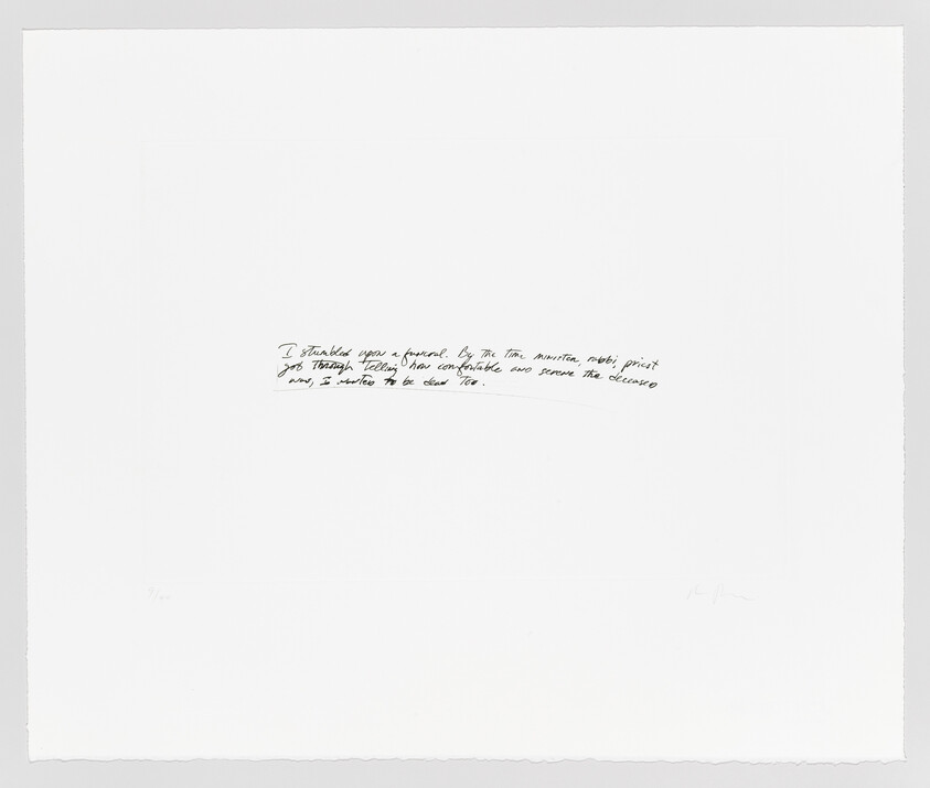 A minimalist artwork featuring a large white paper with a small handwritten text in the upper right corner and what appears to be a signature or edition number in the lower left and right corners.