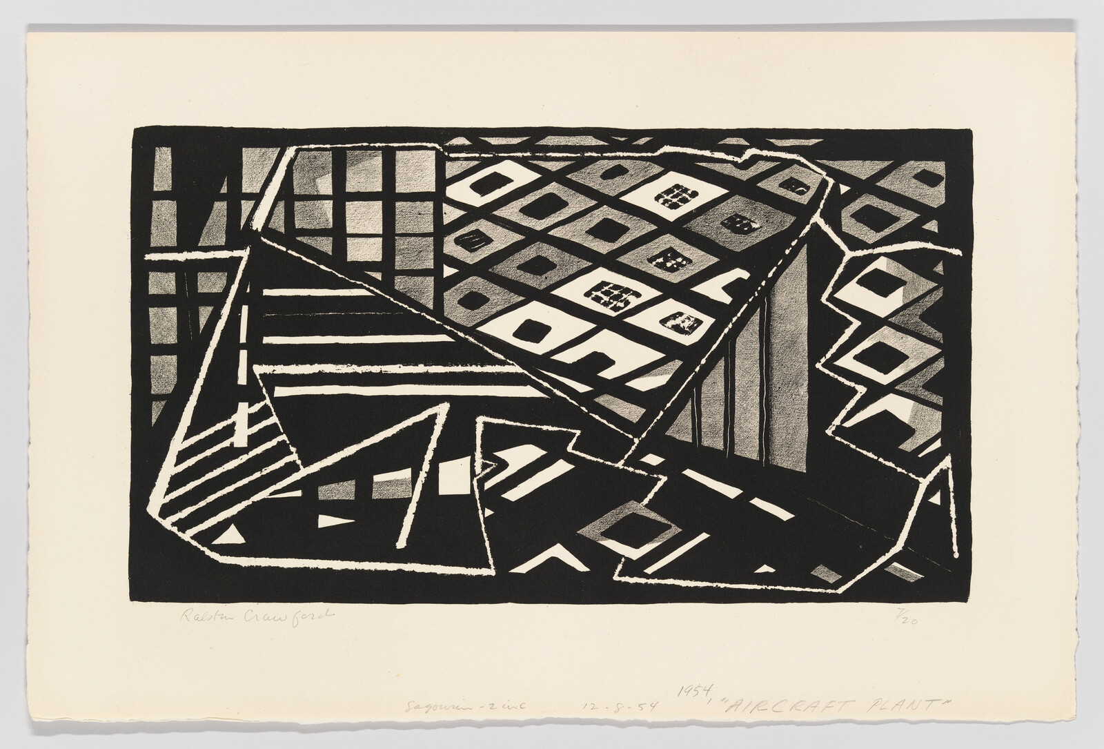Abstract black-and-white print showing overlapping geometric shapes and patterned panels.