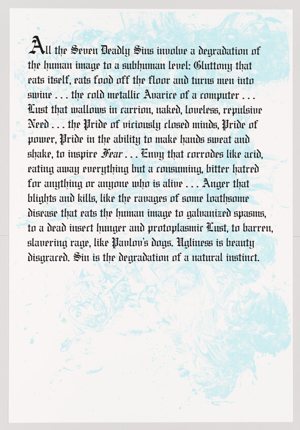 An image of a page with text discussing the Seven Deadly Sins, with the text appearing to be typewritten in black ink on a white background. The page has a large, decorative initial "A" at the beginning of the text. There are faint blue watercolor-like designs at the bottom of the page, which do not obscure the text.