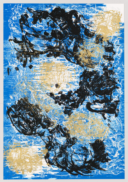 Abstract blue painting with chaotic black brushstrokes and gold circular splatters.