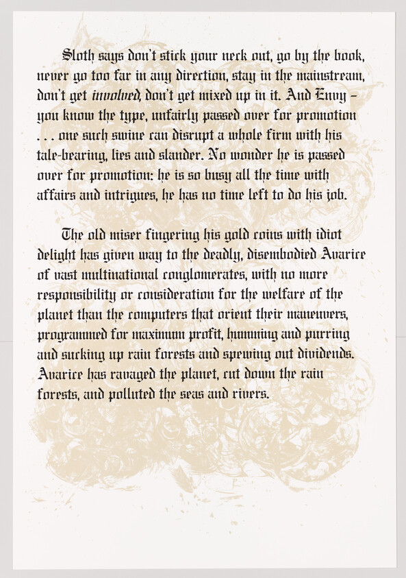 An image of a page with text that appears to be from a book or manuscript, featuring a traditional serif font. The text is written in English with a narrative style, discussing themes of sloth, corporate greed, and environmental degradation. The background of the page has a faded, ornate design that is most prominent at the bottom. The text and the design give the impression of an old, possibly historical document.