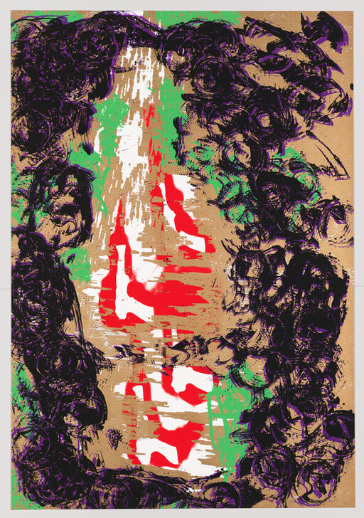 Abstract painting with dark purple swirling frames around red and white vertical shapes on brown background.