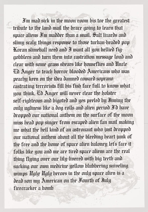 A close-up of a printed page with distorted and nonsensical text, featuring a variety of fonts and sizes, giving the impression of a corrupted or glitched document. The text is unreadable and seems to be randomly generated, with some words resembling English while others are completely fabricated. The background of the paper has a textured appearance, adding to the overall chaotic and disorganized aesthetic of the image.