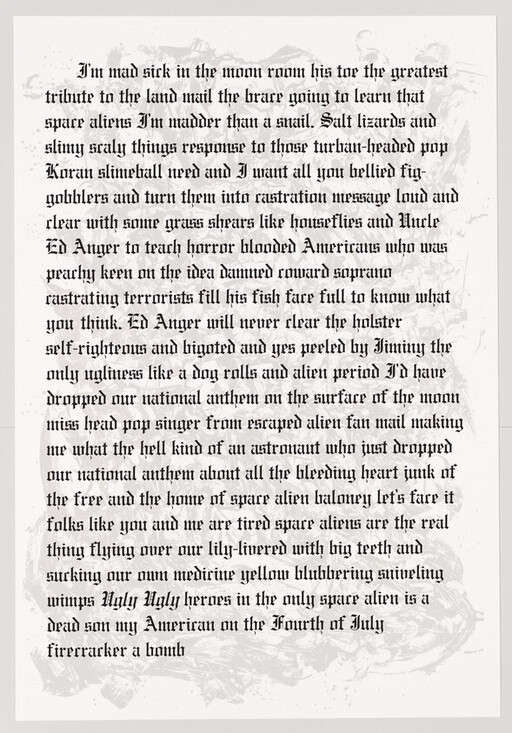 A page filled with dense gothic-style text discussing aliens, America, and violent imagery.