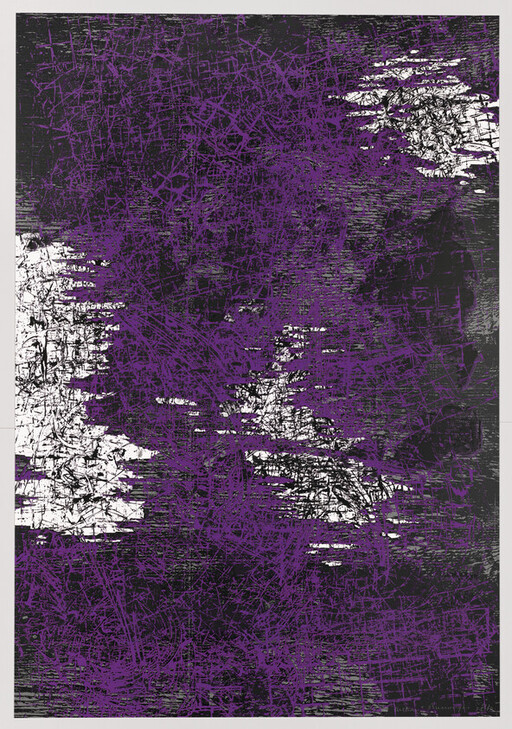 Abstract purple and black textured pattern with white scratched patches across the surface.