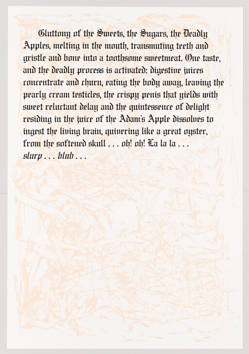 Gothic-style printed page titled Gluttony of the Sweets with graphic, visceral prose about apples.