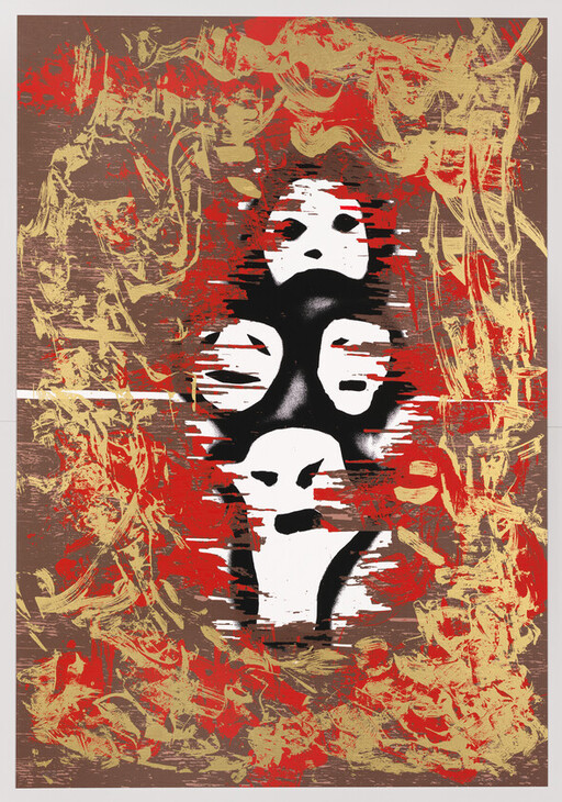 Central vertical stack of distorted white mask faces surrounded by red and gold chaotic brushstrokes.