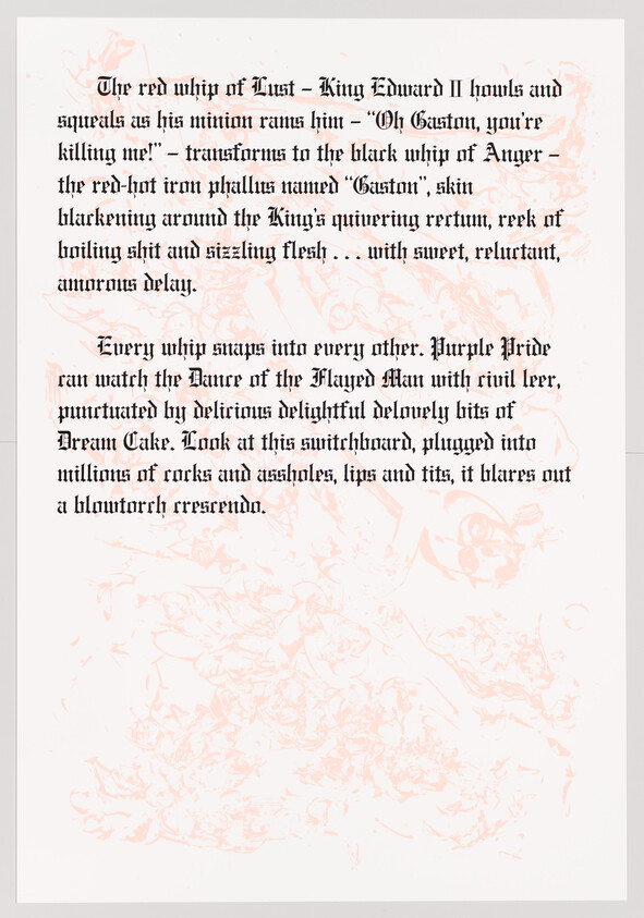 A printed page with dense gothic-style paragraphs over a faint floral background.