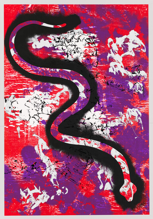 A thick black snake-like curve winds across a red and purple abstract background with white marks.