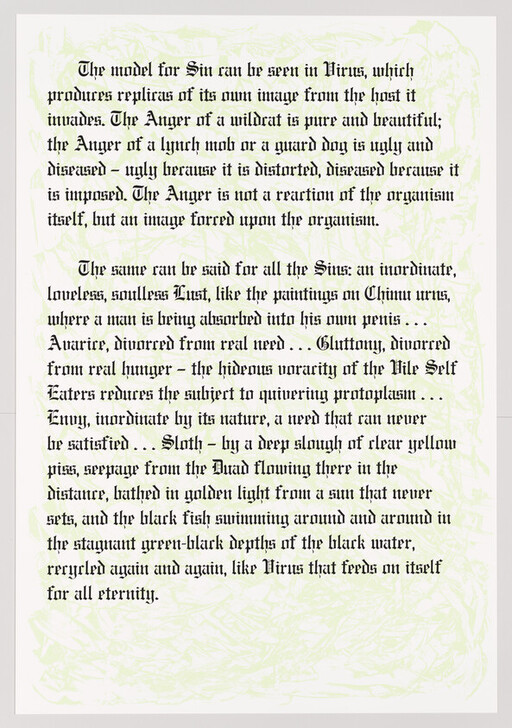 Decorative page of dense gothic text about sin and human vices.