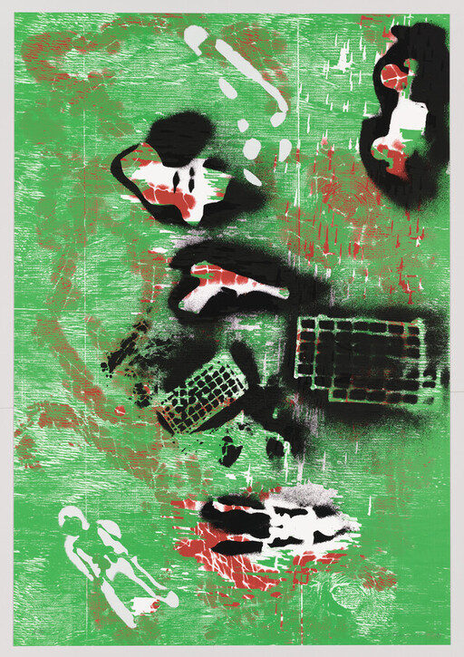Abstract green artwork with black and white stencil shapes and a distorted computer keyboard.