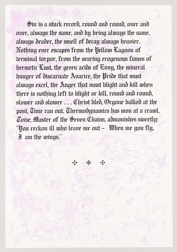 A faded image of a text passage with a purple tint, featuring a mix of legible and distorted English words, creating an eerie or mysterious atmosphere. Decorative symbols separate sections of the text, and the background has a subtle, chaotic pattern that resembles intertwined branches or veins.