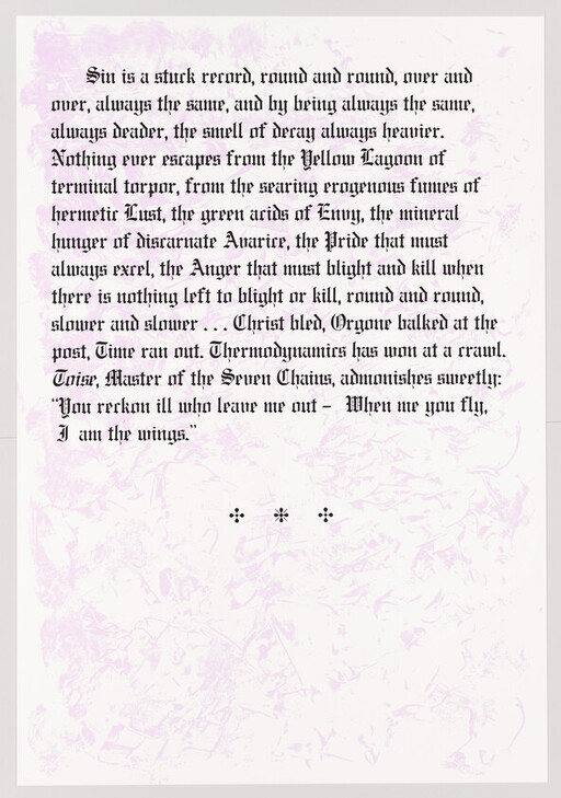 Decorative gothic paragraph describing sin as a repeating, deadly cycle, printed on marbled paper.