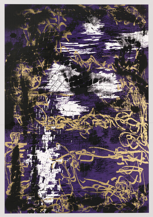 Abstract painting with purple background, gold scribbles, and bold black and white brush marks.