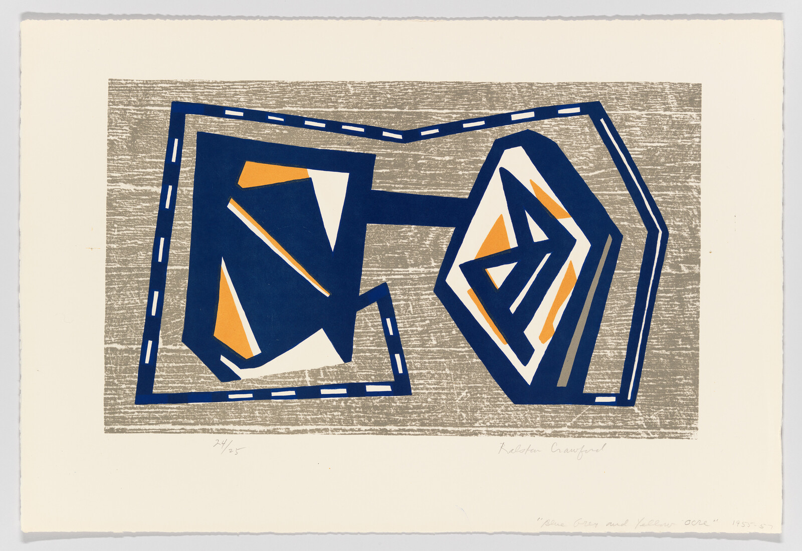 Navy blue geometric shapes with orange and white accents connected by a bar on gray background.