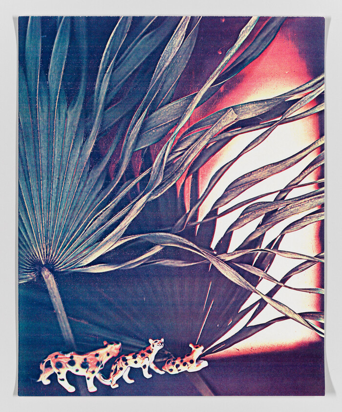 Vintage-style image of palm leaves with a surreal touch of tiny giraffes walking underneath.