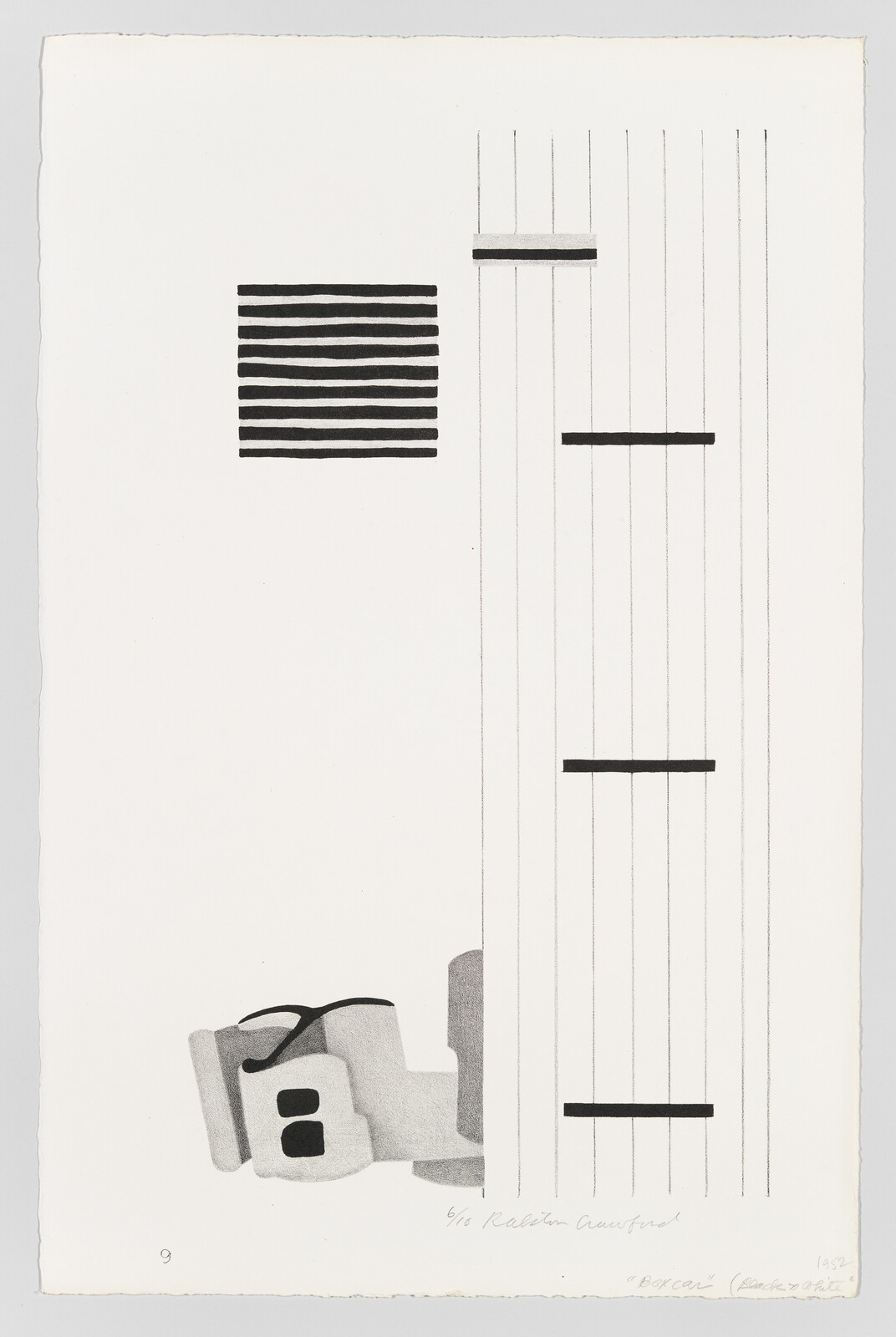 A black and white abstract print featuring geometric shapes and lines. On the left, a square composed of horizontal black lines sits above a shaded, irregular form resembling machinery or architectural elements. To the right, a series of vertical lines intersect with three horizontal black bars, creating a sense of depth and perspective. The artwork is numbered and signed at the bottom, indicating it's part of a limited series.