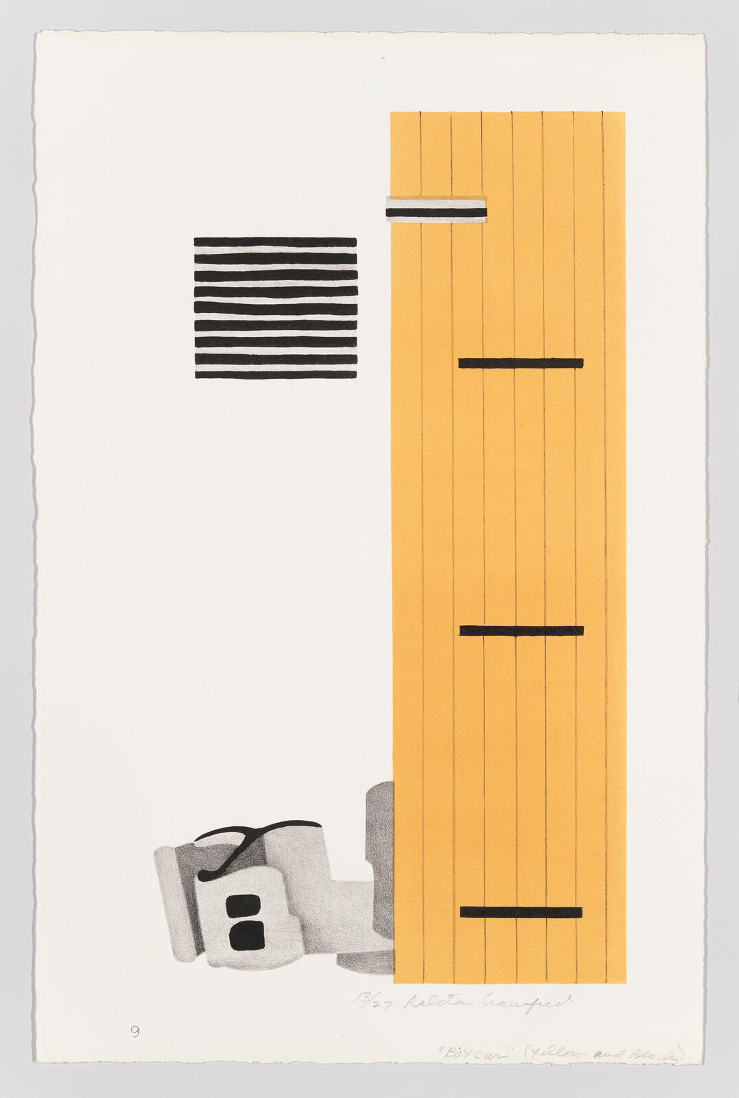 Graphic artwork featuring abstract elements with a large vertical orange rectangle with black horizontal lines on the right, a smaller black rectangle with horizontal white stripes on the left, and a gray abstract shape resembling machinery at the bottom left corner. Handwritten text and numbers are present at the bottom, indicating the artwork's title and edition information.