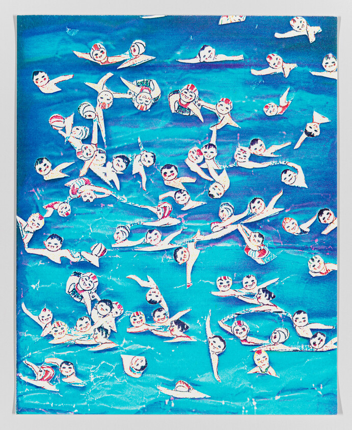 Illustration of numerous stylized swimmers in a blue pool, with a vintage, textured appearance.