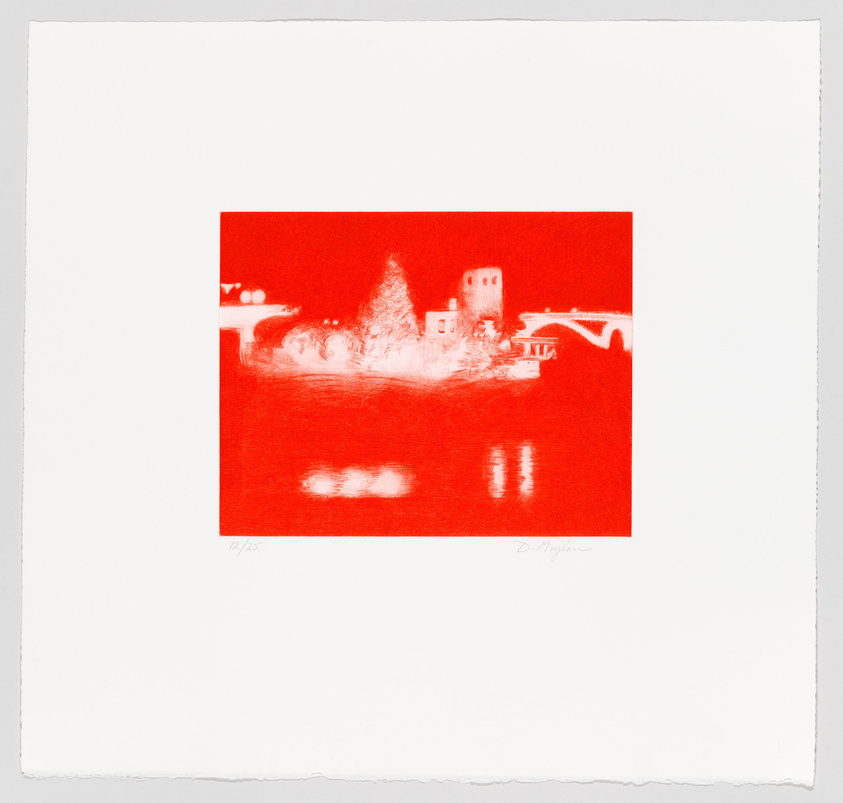 A monochromatic red print depicting a serene landscape with a body of water, trees, and buildings, including a tower-like structure and a bridge. The image has reflections on the water, suggesting a calm atmosphere. The print is numbered and signed by the artist in the lower margin.