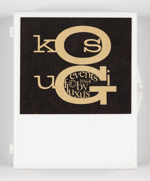 White plastic case with black label showing large tan letters and small text "events 1964".