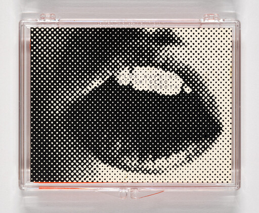 Clear plastic case holding black-and-white halftone artwork with small title and artist text.