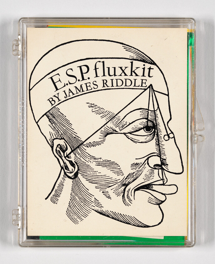A cassette-style case showing a line-drawn head and the title "E.S.P. fluxkit by James Riddle."