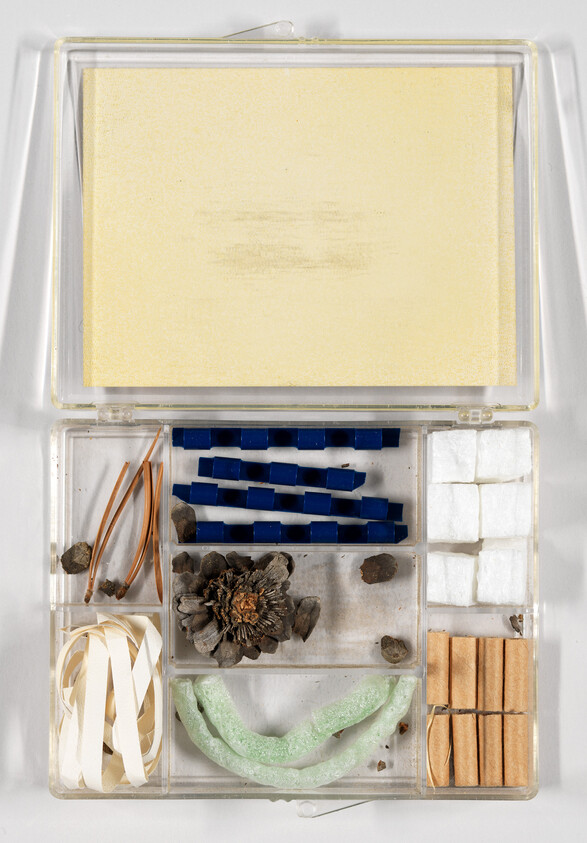 Clear plastic organizer box holding sticky notes and assorted small craft pieces like foam, tiles, and wires.