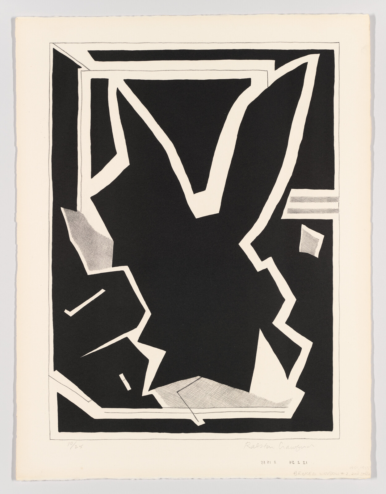 Bold black and white abstract shapes resembling a shattered window framed by a white border.